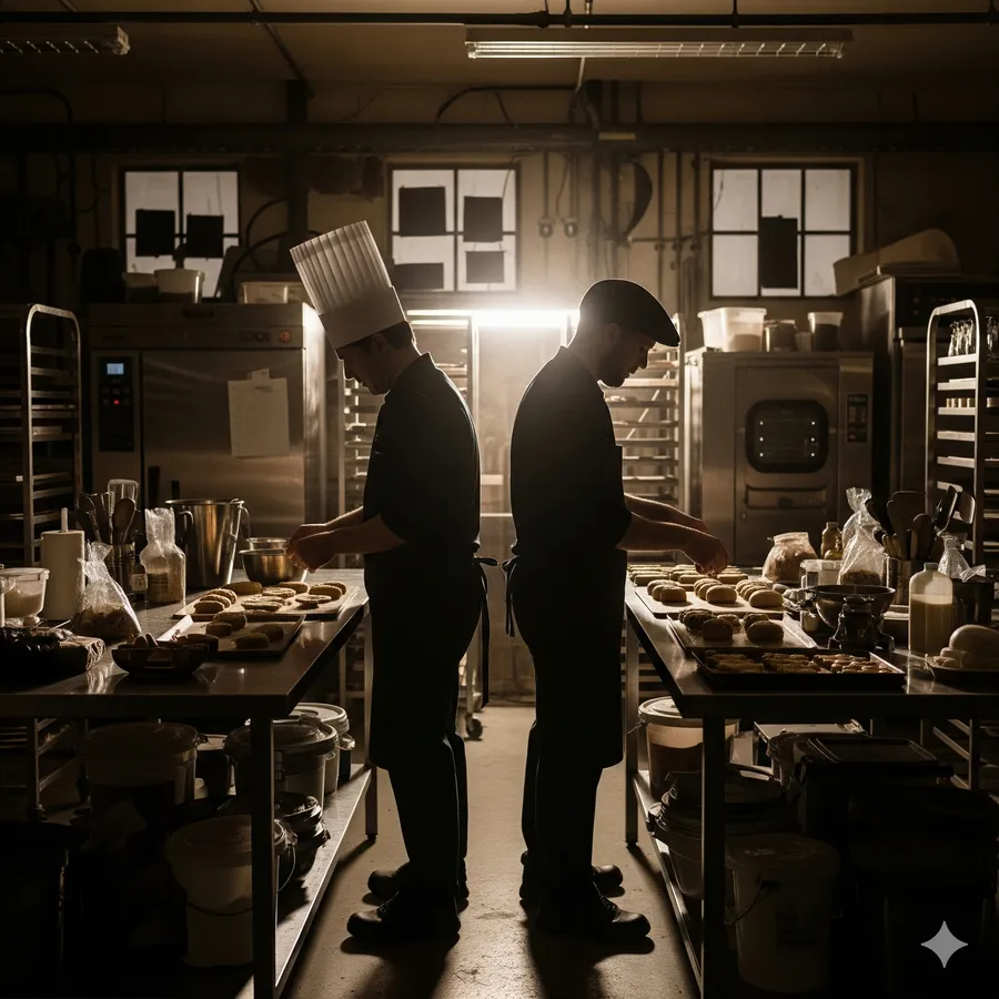 Due persone al lavoro in un laboratorio di cucina
